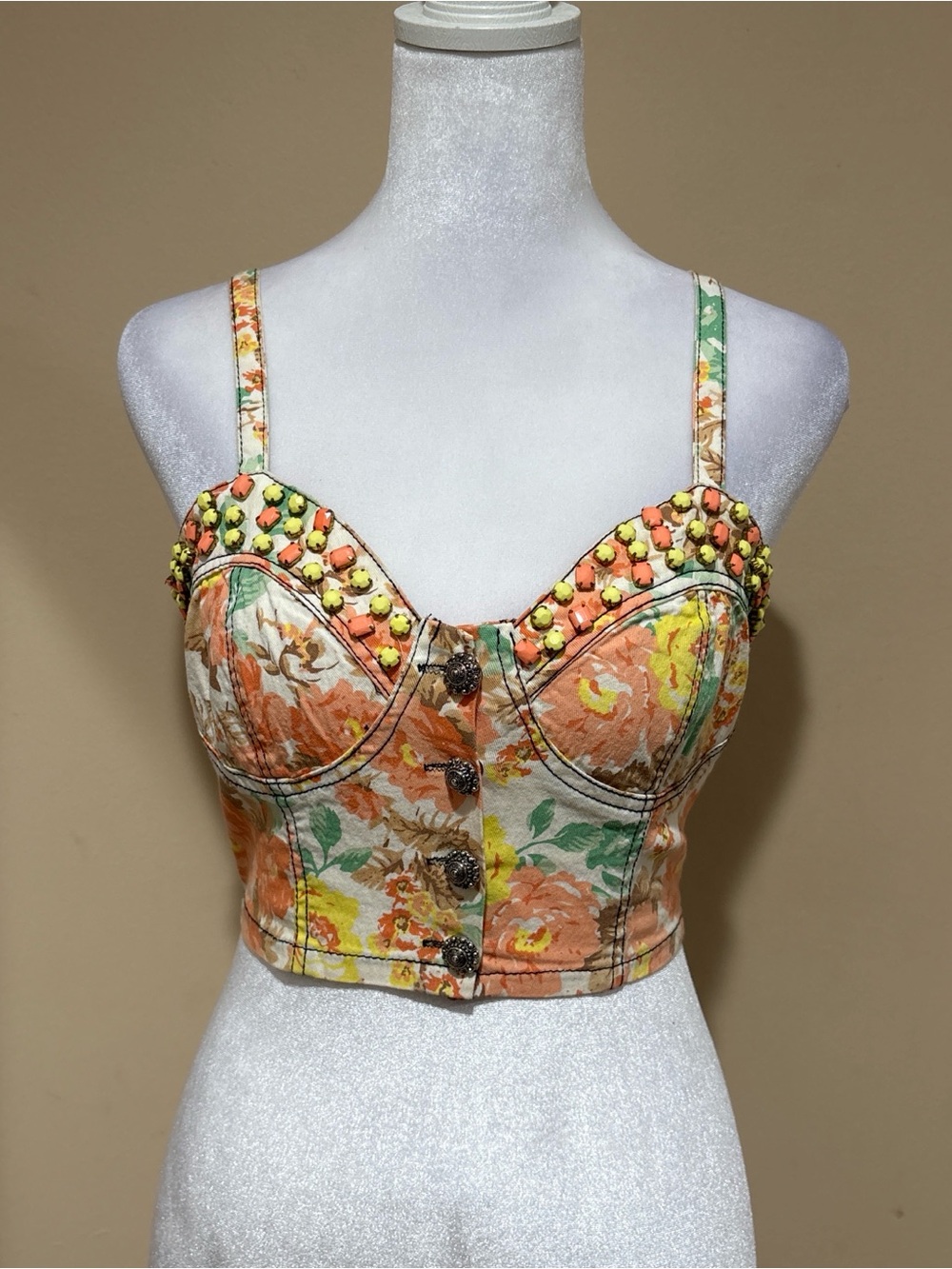 english rose Floral Studded Crop Bustier Top in Orange, Yellow and Green